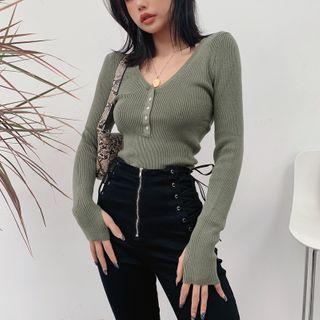 V-neck Long-sleeve Button Knit Top