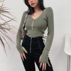 V-neck Long-sleeve Button Knit Top