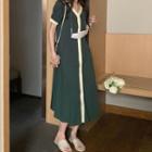 Puff-sleeve V-neck Contrast Trim Single-breasted Dress
