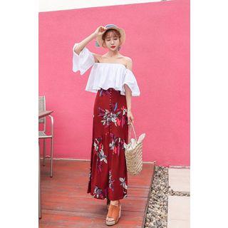 Set: Off-shoulder A-line Top + Floral Print A-line Skirt
