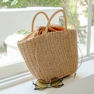 Drawstring Rattan Tote Bag Brown - One Size