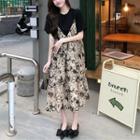 Set: Spaghetti-strap Floral Midi A-line Dress + Short-sleeve Plain T-shirt
