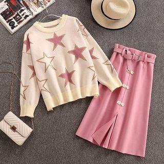 Set: Star Pattern Sweater + Front Slit A-line Skirt