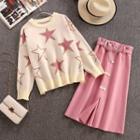Set: Star Pattern Sweater + Front Slit A-line Skirt