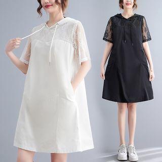 Elbow-sleeve Lace Panel Hooded Mini A-line Dress