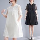 Elbow-sleeve Lace Panel Hooded Mini A-line Dress