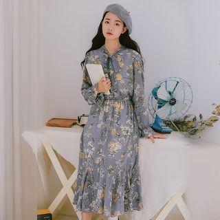 Flower Print Long-sleeve Tie-neck Chiffon Dress
