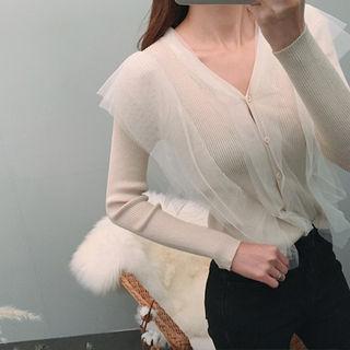 Chiffon-overlay V-neck Cardigan
