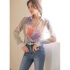 Color-block Floral See-through Blouse