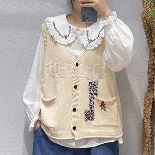 V-neck Sleeveless Printed Knit Vest