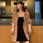 Long-sleeve Off-shoulder Plaid Shirt