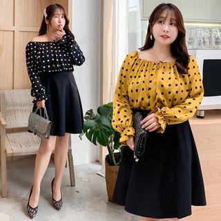 Long-sleeve Off-shoulder Dotted A-line Dress