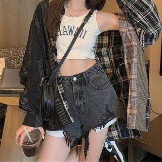 Set: Lettering Tank Top + Checked Long Sleeve Shirt + Denim Shorts