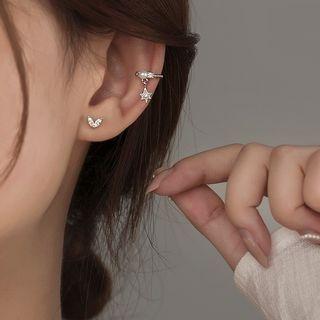 925 Sterling Silver Faux Pearl Rhinestone Star Cuff Earring / Leaf Earring