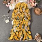 Floral Accordion Pleated Midi A-line Dress Yellow - One Size
