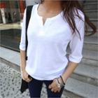 Slit-neckline 3/4-sleeve Cotton T-shirt