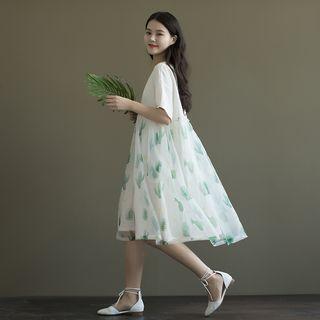 Cactus Print Short-sleeve A-line Midi Dress