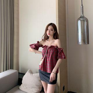Plaid Off-shoulder Bell-sleeve Top Red Plaid - One Size