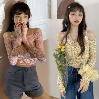 Off-shoulder Floral Print T-shirt / Lace Trim Camisole Top