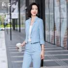 Two Tone Striped Blazer / High-waist Straight-cut Pants