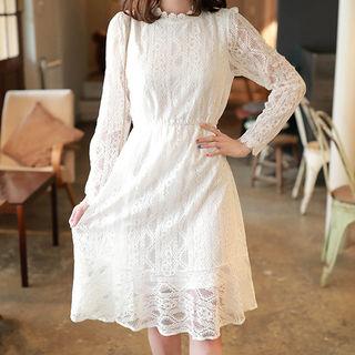Mock-neck Flare Lace Dress