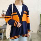 Color-block Striped Loose-fit Cardigan Blue - One Size