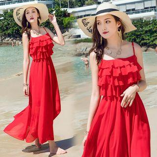 Spaghetti Strap Frill-trim A-line Midi Chiffon Dress