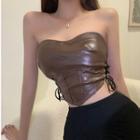 Lace-up Faux Leather Cropped Tube Top Dark Brown - One Size
