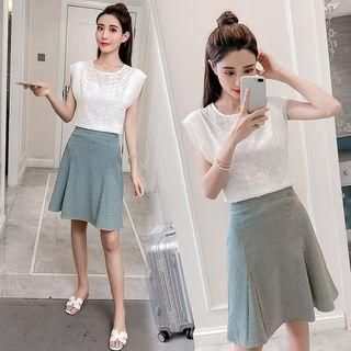 Set: Sleeveless Top + Plaid A-line Skirt