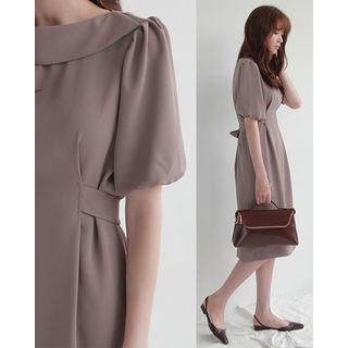 Puff-sleeve Tie-waist Sheath Dress