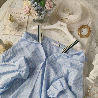 Cold-shoulder Striped Long-sleeve Blouse Blue - One Size