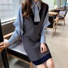 Set: Ruffle-trim Shirt + Sleeveless Patterned Mini Knit Dress