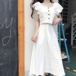 Set: Short-sleeve Buttoned Top + A-line Midi Skirt