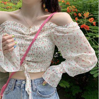 Off-shoulder Floral Print Drawstring Blouse