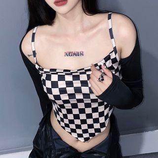 Set : Long-sleeve Cropped Cardigan + Plaid Camisole Top