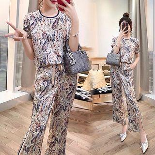 Set: Short-sleeve Paisley Print Top + Wide-leg Pants