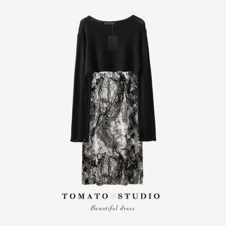 Round-neck Plain Cropped Top / Tie-dye Chiffon A-line Dress