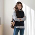 Set: Slit-back Knit Vest + Dip-back Striped Shirt