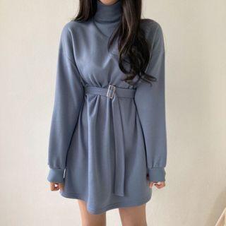 Long-sleeve Mock Neck Tie Waist Sweatshirt Dress