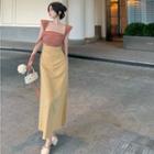 Square-neck Cap Sleeve Two-tone Ruched Maxi Dress