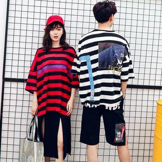 Couple Matching Striped 3/4 Sleeve T-shirt / Asymmetric Shorts