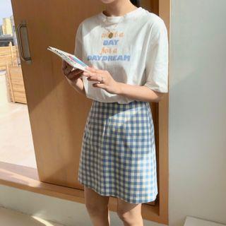 Elbow-sleeve Lettering T-shirt / Fitted Plaid Mini Skirt
