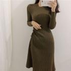 Long-sleeve Ruched-side Knit Dress