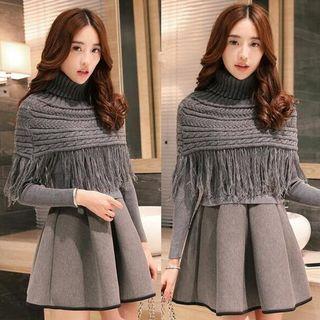 Set: Long-sleeve Knit A-line Dress + Rip Knit Cape