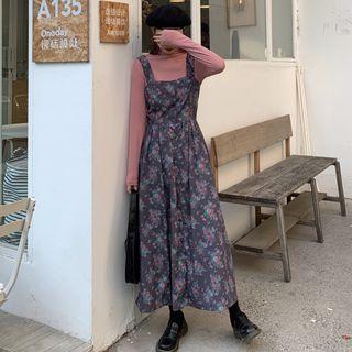 Plain Long-sleeve Top / Floral Print Midi A-line Pinafore Dress