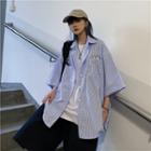 Elbow-sleeve Floral Embroidered Check Shirt
