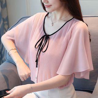 Pleated Elbow Sleeve Chiffon Blouse