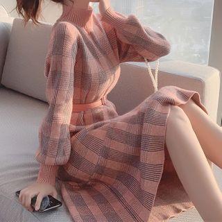 Mock Neck Plaid Knit Dress Pink - One Size