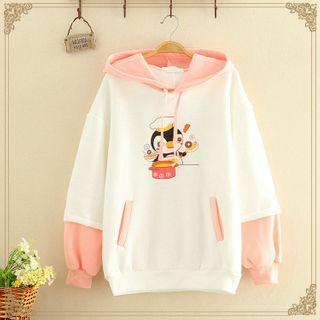 Penguin Printed Color-block Hoodie With Fleece