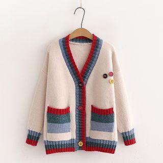 Color Block V-neck Dual Pocket Knit Cardigan
